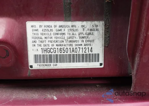 2001 Honda Accord 3.0 Ex z USA, uszkodzony, nr VIN 1HGCG16501A071214